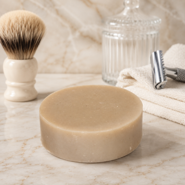 Bar of soap on a marble surface with a shaving brush and razor in the background.