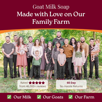 Family photo with text about goat milk soap made on a family farm.