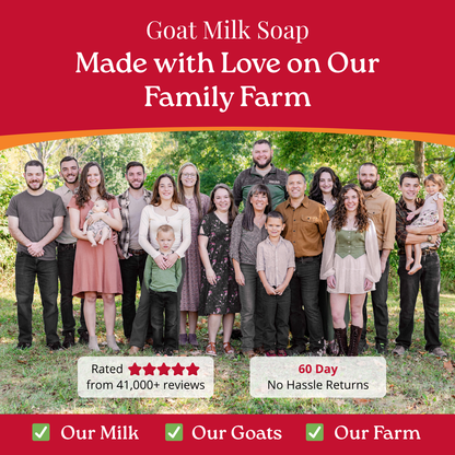 Group photo of a family on a farm with text about goat milk soap made on their farm.