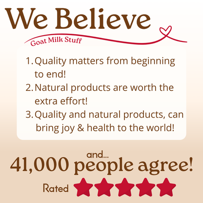 Statement of belief from Goat Milk Stuff with text and star rating on a beige background
