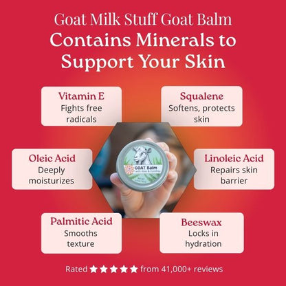 Advertisement for Goat Milk Stuff Goat Balm with ingredients listed on a red background