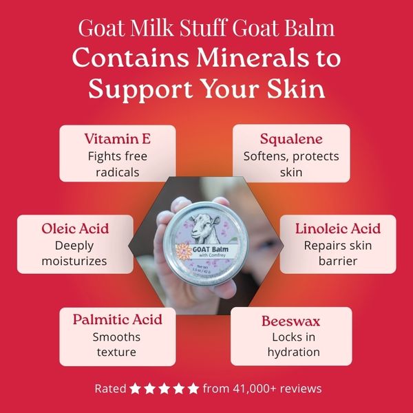 Advertisement for Goat Milk Stuff Goat Balm with ingredients listed on a red background