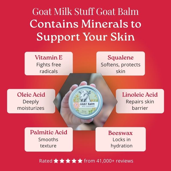 Promotional graphic for Goat Milk Stuff Goat Balm with benefits listed on a red background