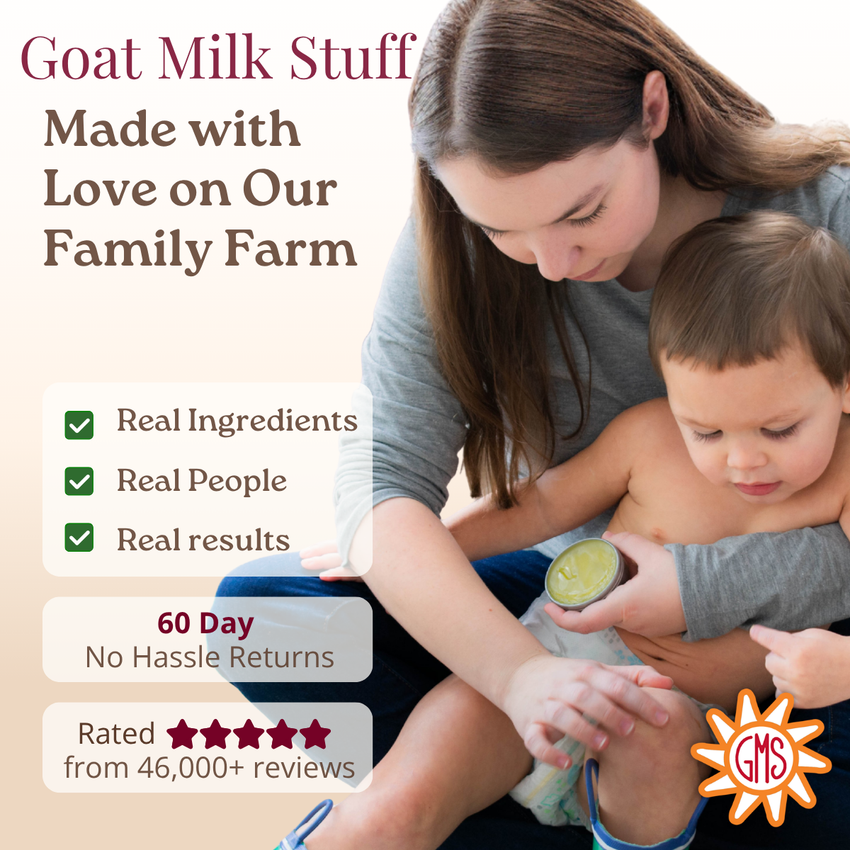 Woman and child with a balm, text about goat milk stuff on a beige background