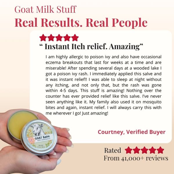 Goat milk balm with a five-star rating and customer review on a beige background