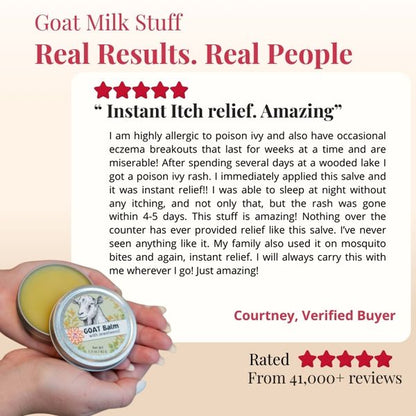 Goat milk balm with a five-star rating and customer review on a beige background