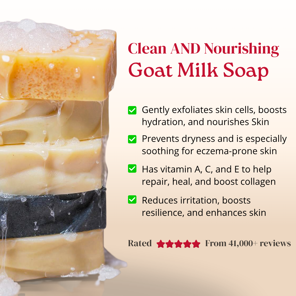 Goat milk soap with benefits listed on a beige background