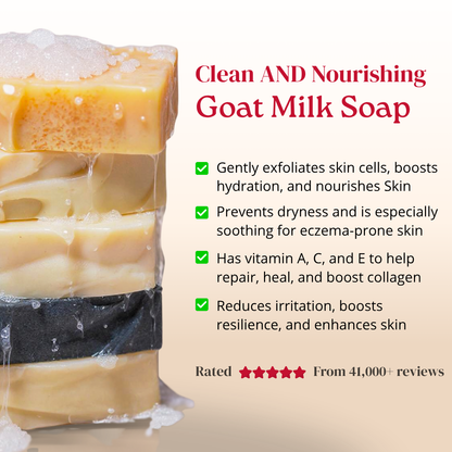 Goat milk soap with benefits listed on a beige background