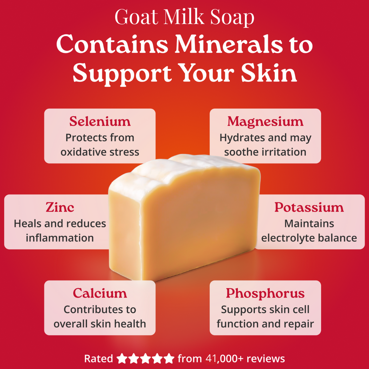 Goat milk soap with minerals listed on a red background