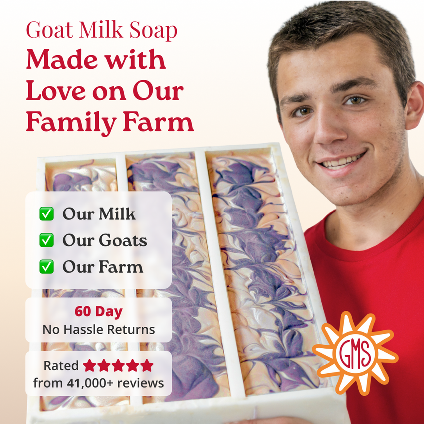 Man holding a box of goat milk soap with text about farm-made soap and a GMS logo.