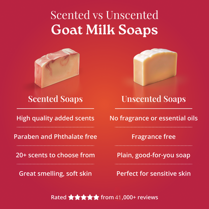 Comparison chart of scented and unscented goat milk soaps on a red background