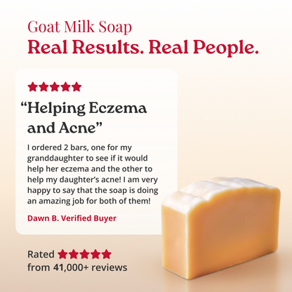 Goat milk soap with a testimonial and rating on a beige background