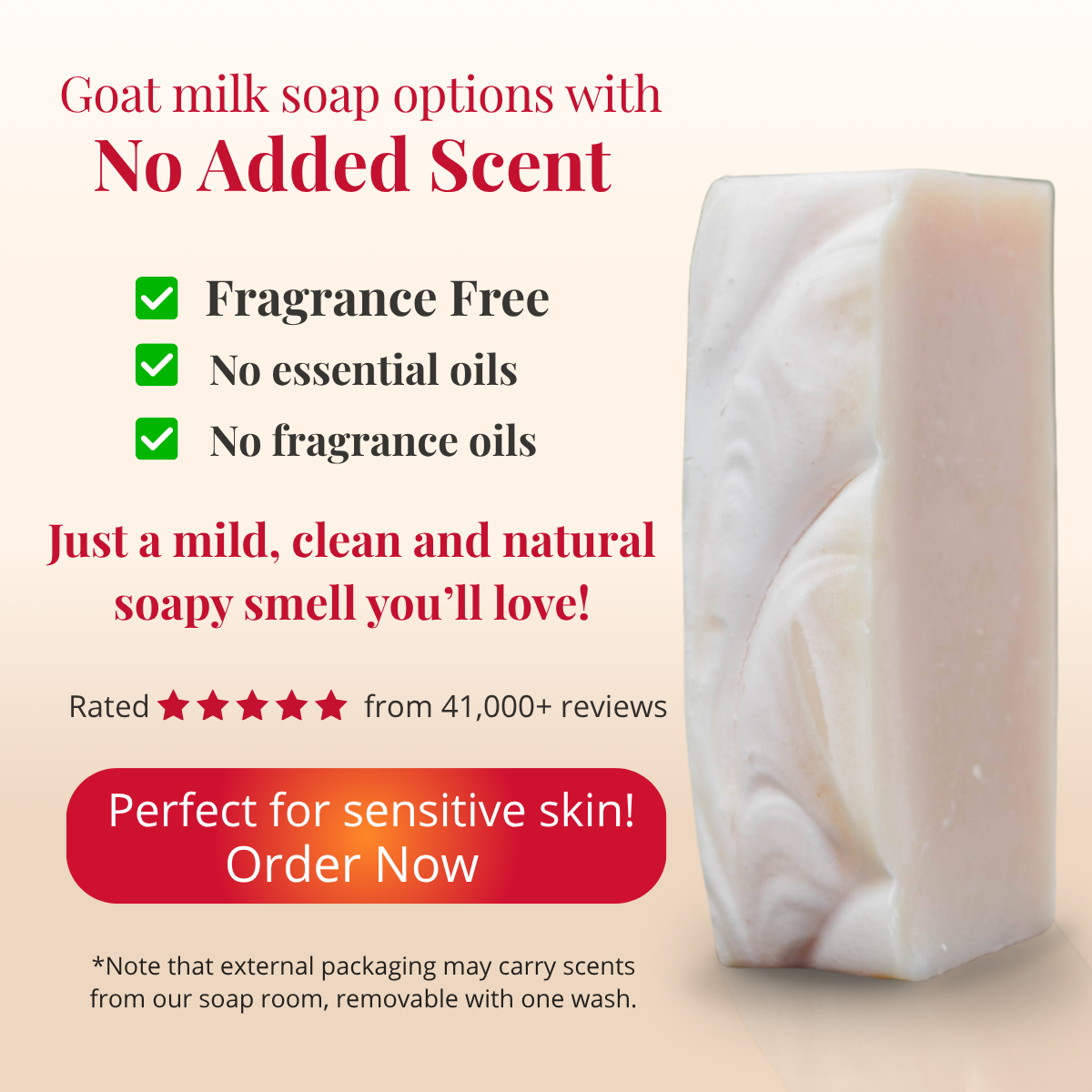 Goat milk soap with text highlighting fragrance-free, essential oil-free, and sensitive skin-friendly properties.