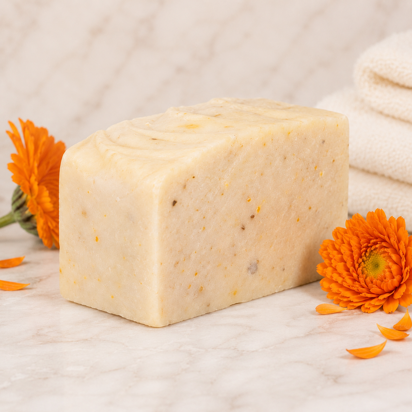 Bar of goat milk soap with calendula flowers on a marble surface