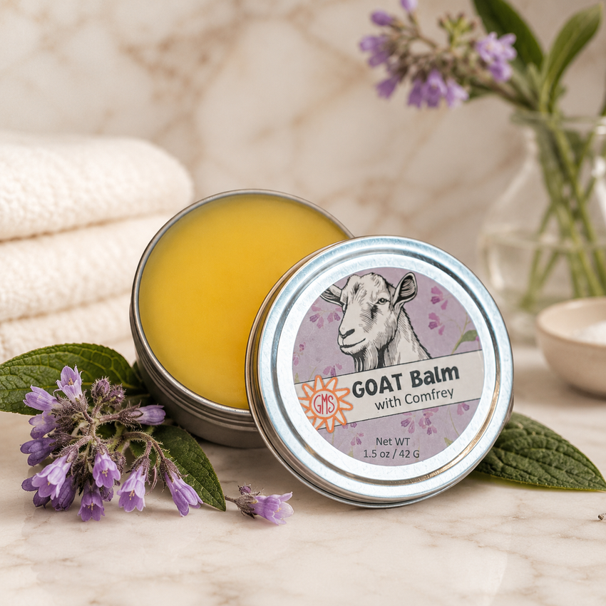 Goat balm tin with a goat illustration on a light background
