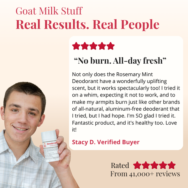 Person holding a deodorant stick with product review text on a beige background