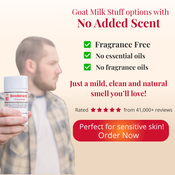 Advertisement for a deodorant product with text about fragrance-free and no added scent.