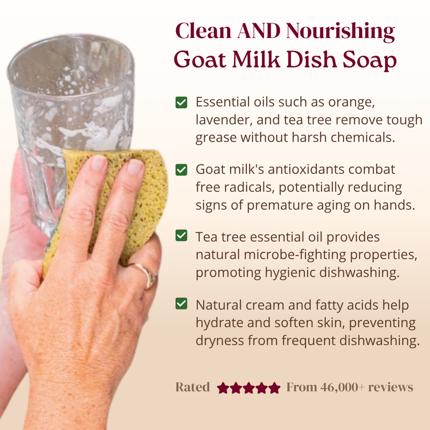 Goat milk dish soap with a hand holding a sponge and glass, and product features listed.