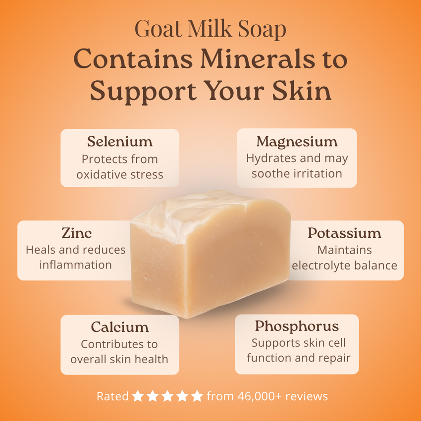 Goat milk soap with minerals listed on an orange background