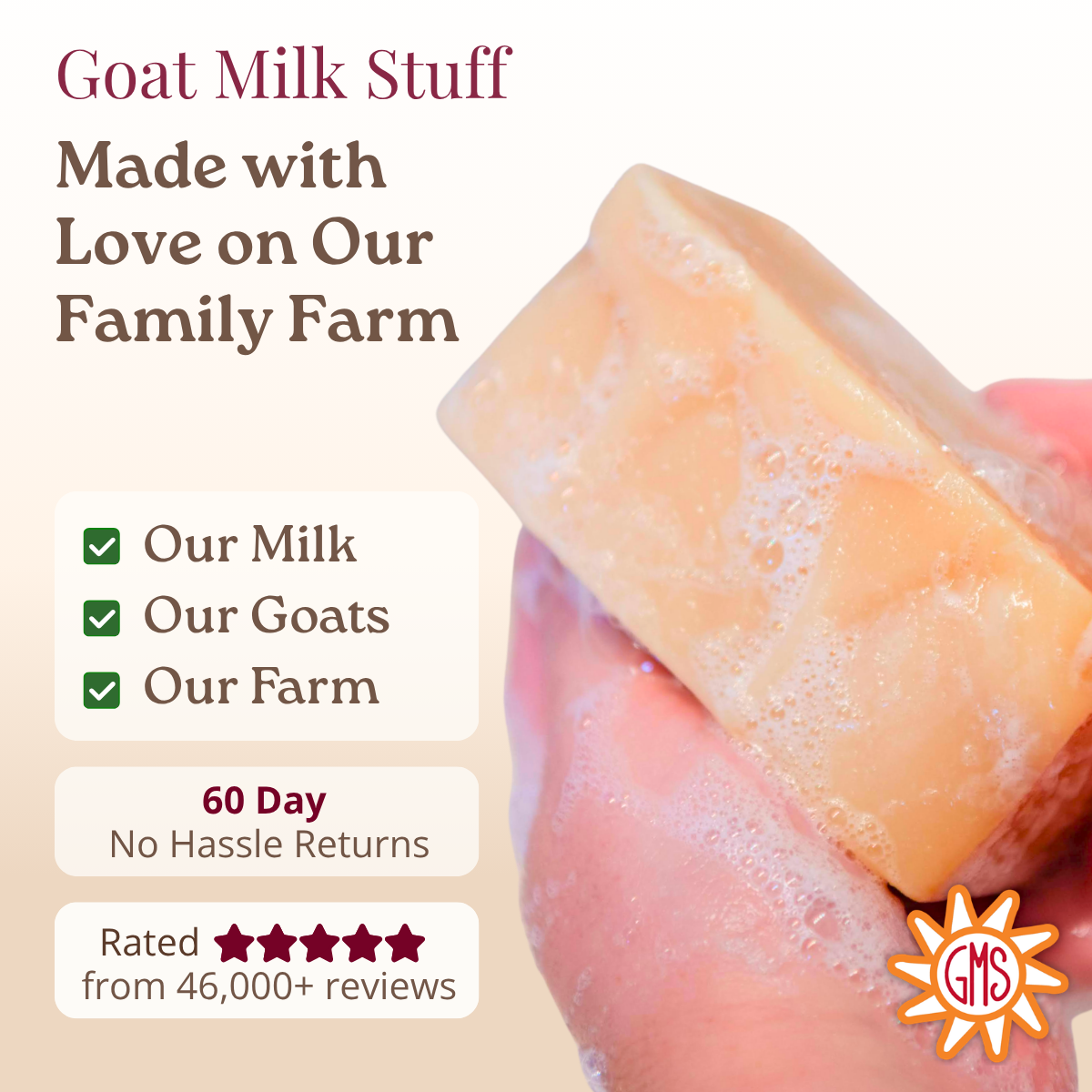 Bar of soap with goat milk stuff branding and text about farm-made product.