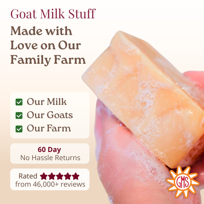Bar of soap with goat milk stuff branding and text about farm-made product.