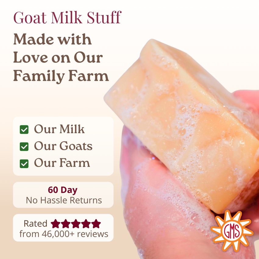 Bar of soap with goat milk stuff branding and text about farm-made product.