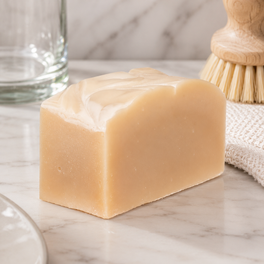 Bar of soap on a marble surface with a glass and wooden brush in the background