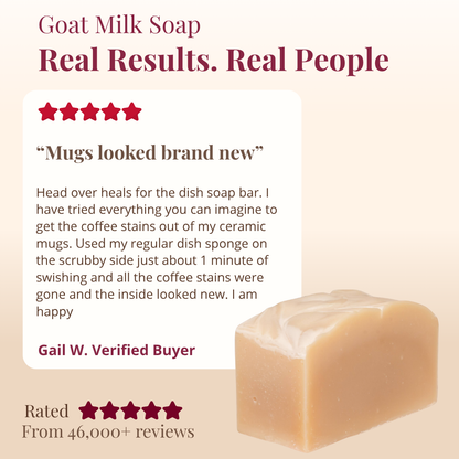 Goat milk soap with a customer review on a beige background