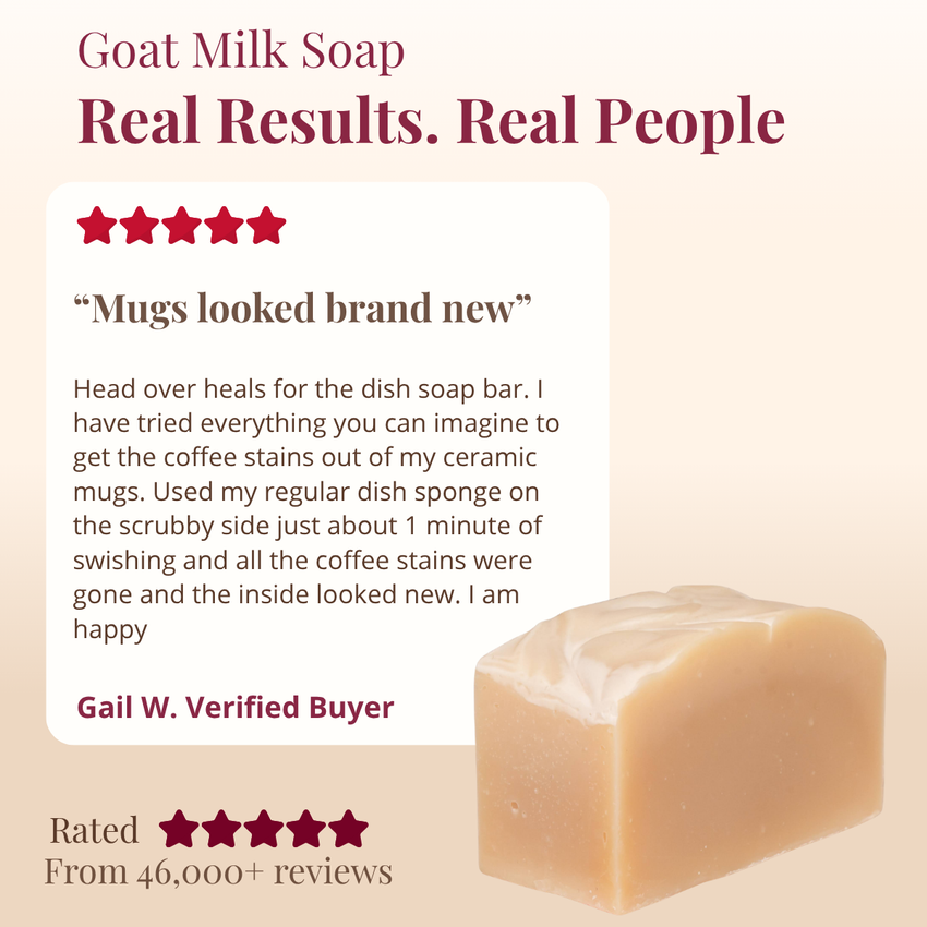 Goat milk soap with a customer review on a beige background