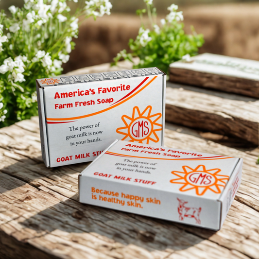 Two boxes of 'America's Favorite Farm Fresh Soap' with goat milk stuff on a wooden surface with flowers in the background.