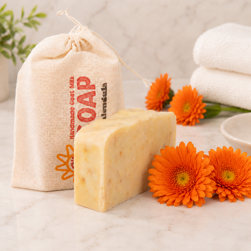 Bar of goat milk soap with a drawstring bag labeled 'Handmade Goat Milk Soap' and orange flowers on a light surface.