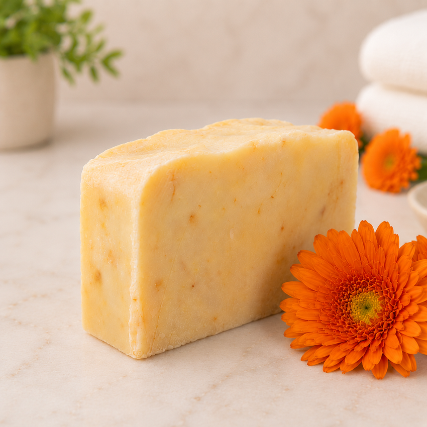 Bar of goat milk soap with an orange flower on a marble surface