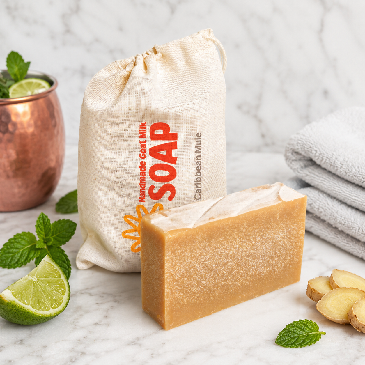 Bar of goat milk soap with a drawstring bag labeled 'SOAP' on a marble surface with limes and ginger.