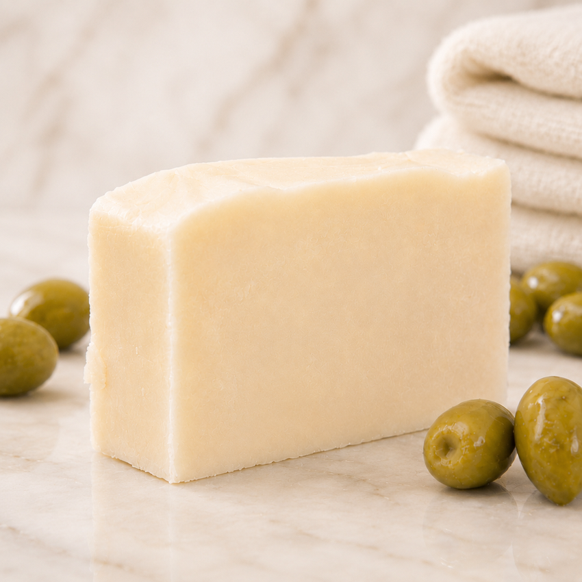 Bar of goat milk soap with green olives on a marble surface