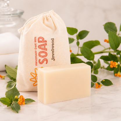 Bar of goat milk soap with a drawstring bag labeled 'Handmade Goat Milk Soap' on a light background with greenery.