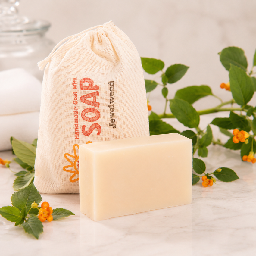 Bar of goat milk soap with a drawstring bag labeled 'Handmade Goat Milk Soap' on a light background with greenery.