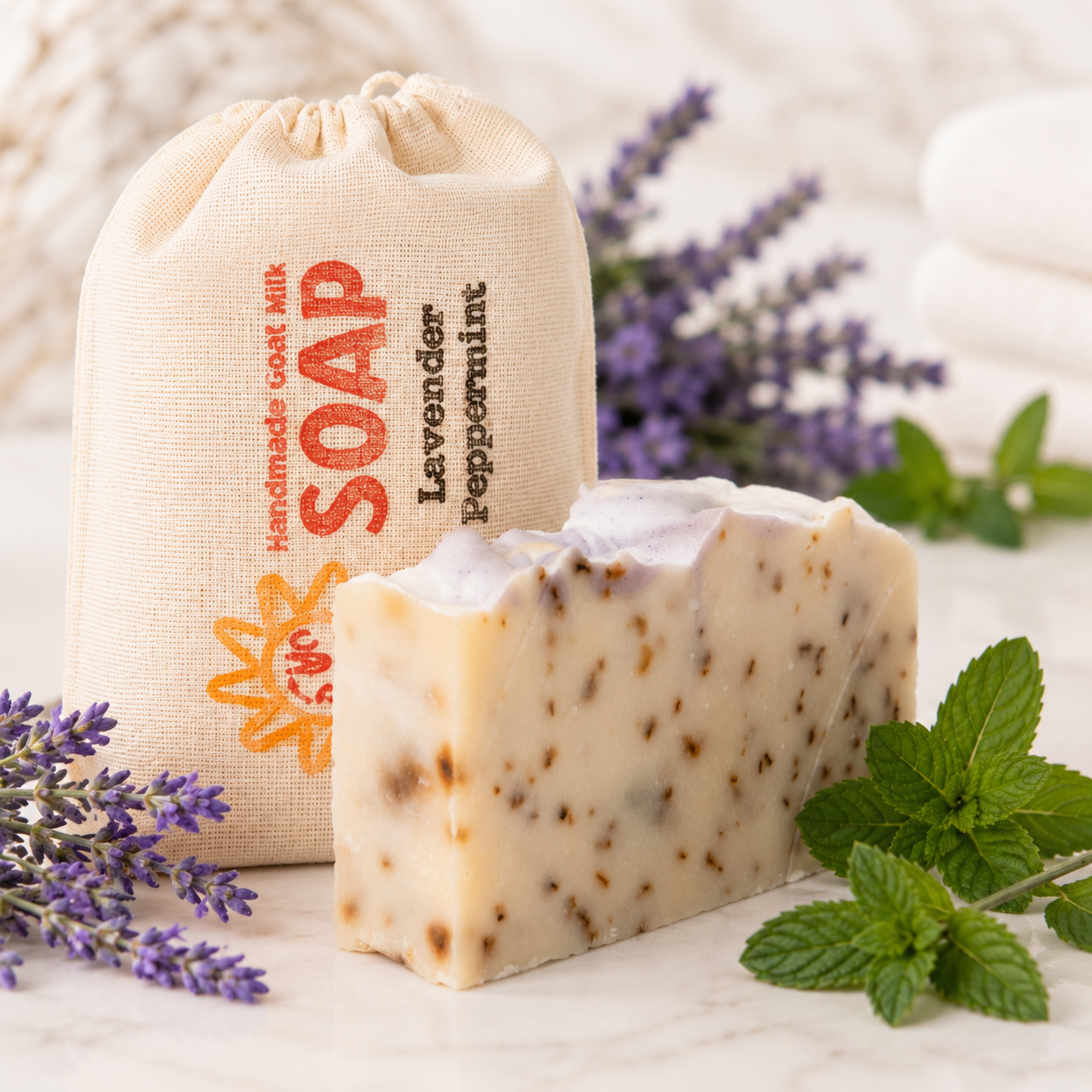 Bar of goat milk soap with a drawstring bag labeled 'Handmade Soap' and lavender flowers on a light background.