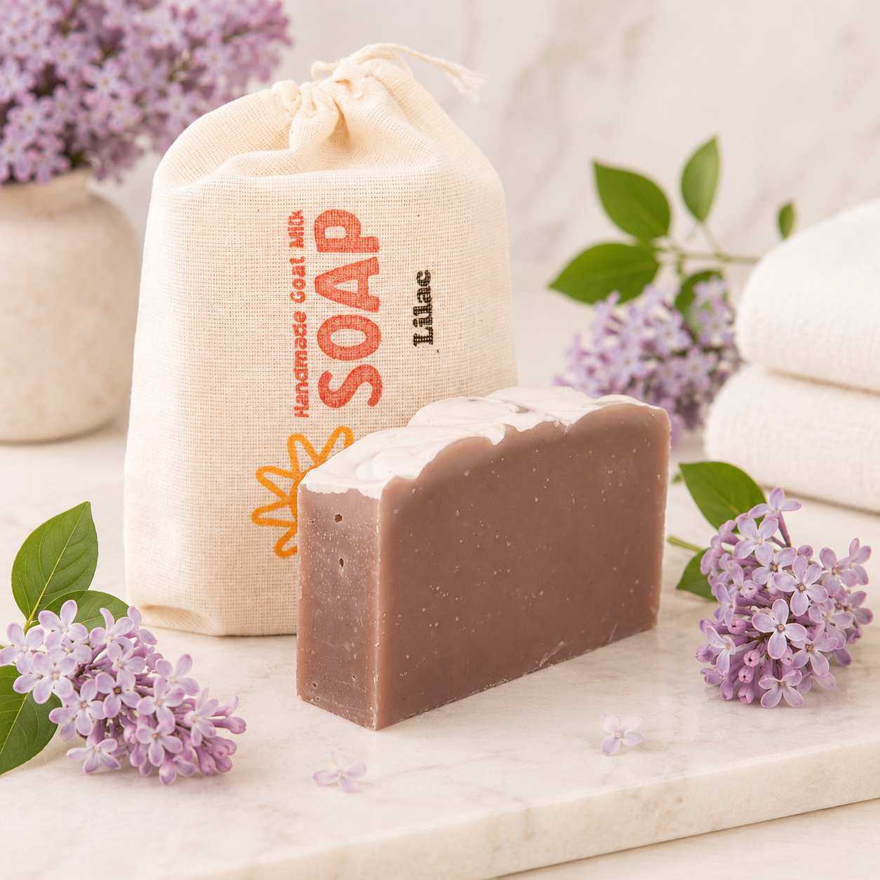 Bar of goat milk soap with a branded bag and lilac flowers on a marble surface