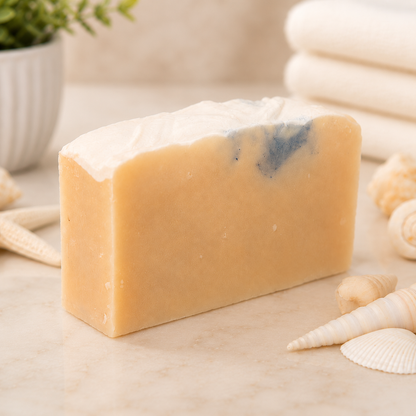Bar of goat milk soap with sea salt on a marble surface with seashells and a plant in the background