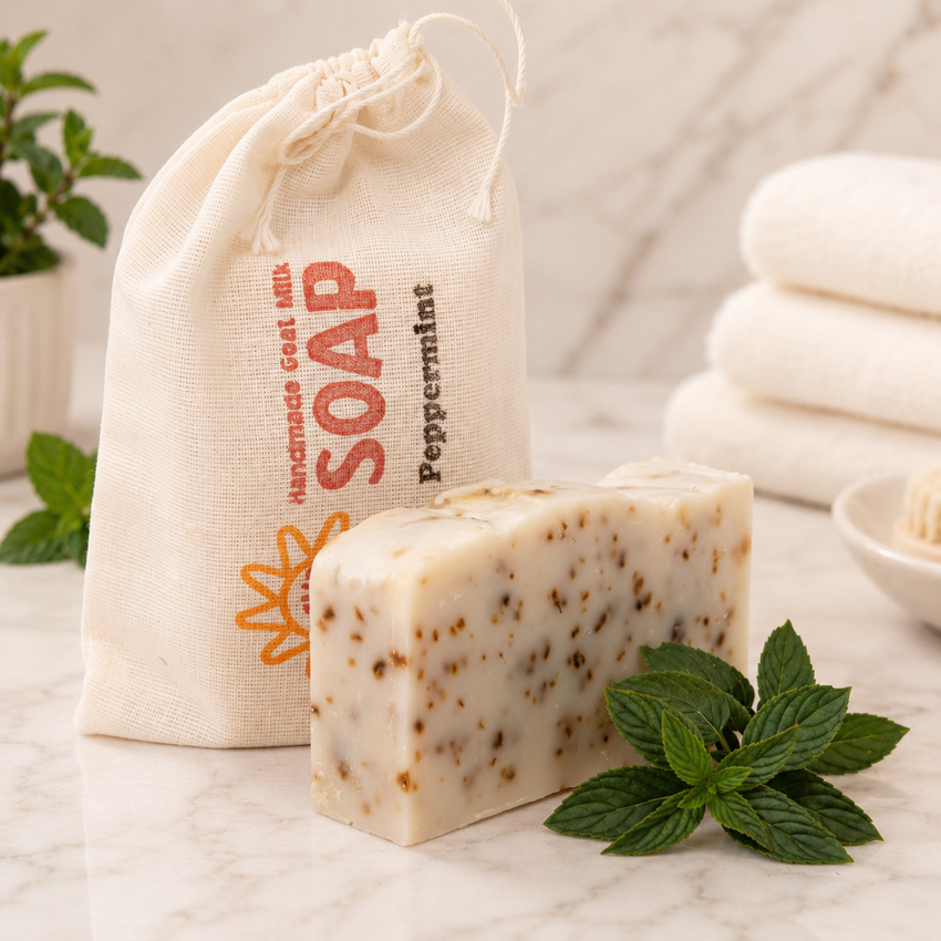 Bar of goat milk soap with a drawstring bag labeled 'Soap' and mint leaves on a marble surface.
