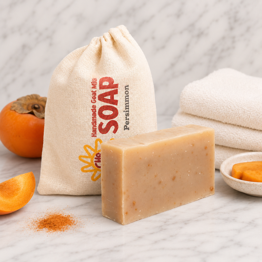 Bar of Goat Milk soap with a drawstring bag labeled 'SOAP' and persimmon fruit on a light background