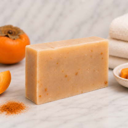 Bar of Goat Milk soap with persimmon fruit and seeds on a neutral background