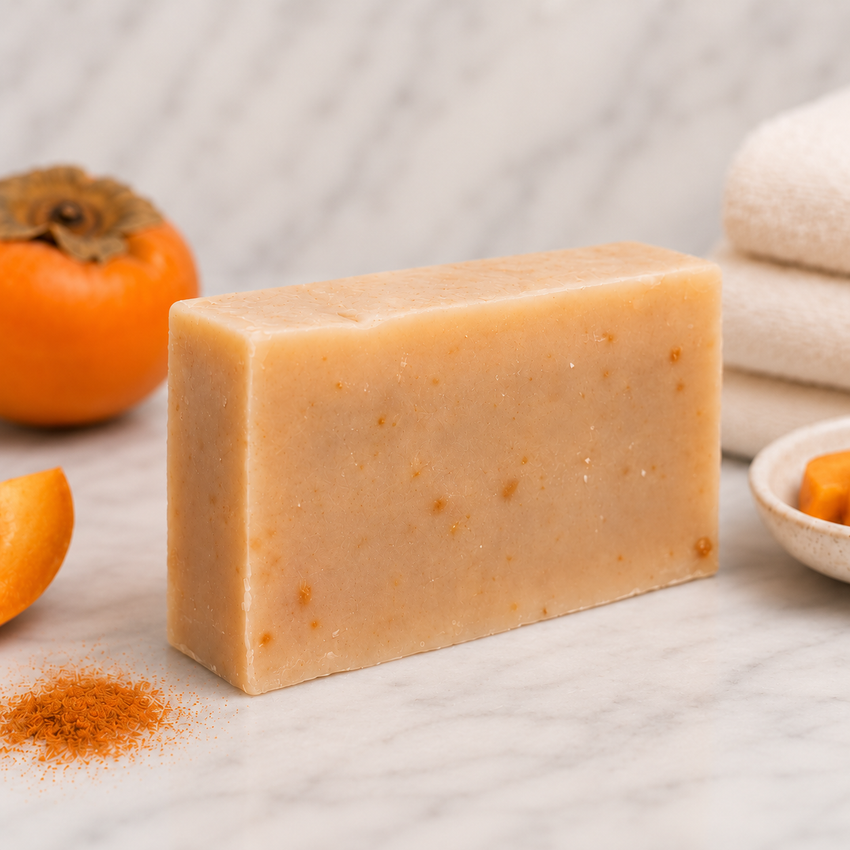 Bar of Goat Milk soap with persimmon fruit and seeds on a neutral background