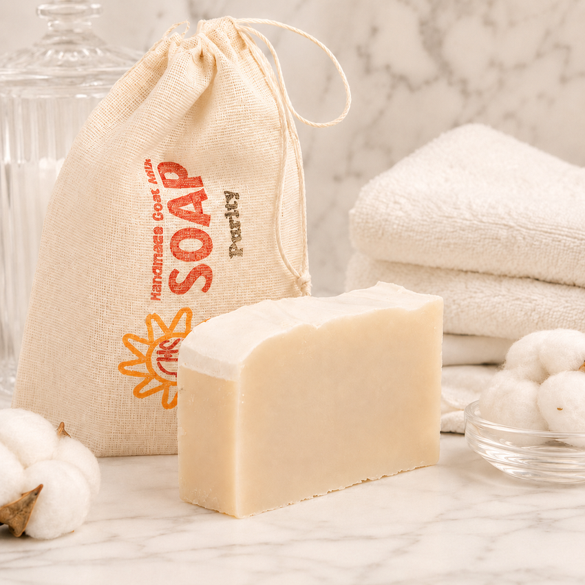 Bar of goat milk soap with a drawstring bag labeled 'Handmade Soap' on a marble surface.