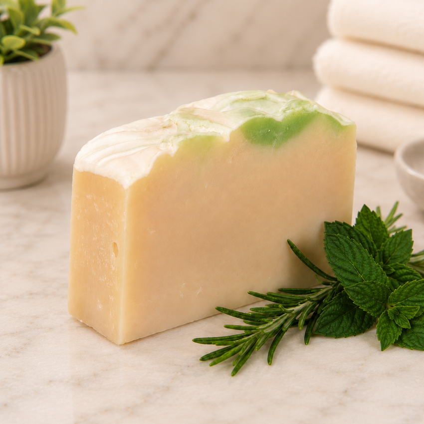 Bar of goat milk soap with green leafy garnish on a marble surface