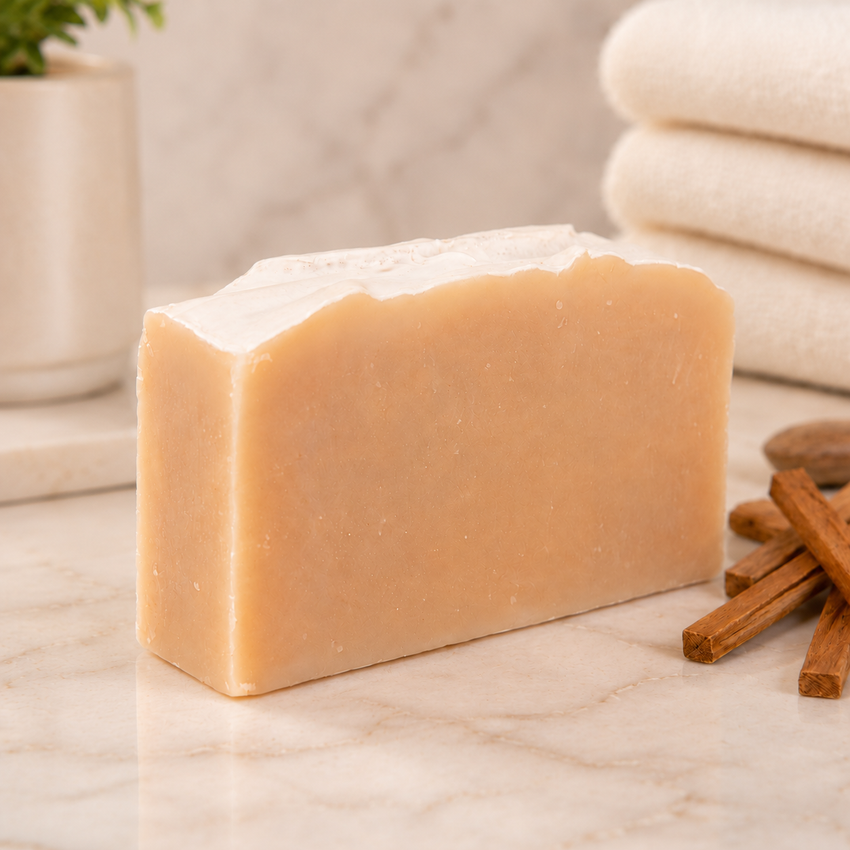 Bar of goat milk soap with a stack of towels and cinnamon sticks on a marble surface