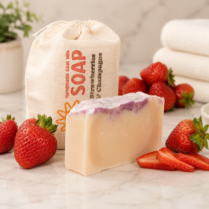 Bar of goat milk soap with strawberry slices and a drawstring bag labeled 'Strawberries & Champagne Soap' on a marble surface.