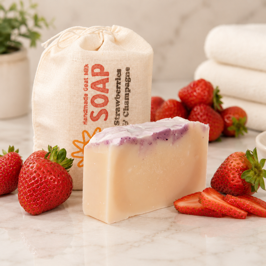 Bar of goat milk soap with strawberry slices and a drawstring bag labeled 'Strawberries & Champagne Soap' on a marble surface.