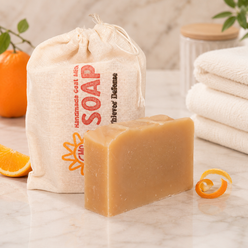 Bar of goat milk soap with a drawstring bag labeled 'Soap' on a marble surface with oranges and towels.