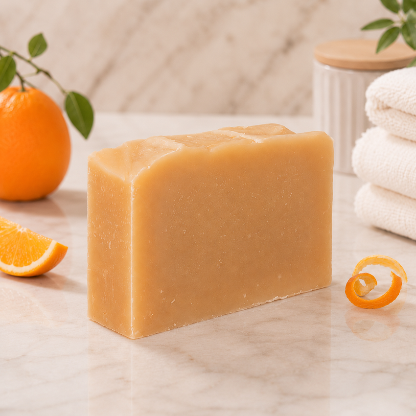 Bar of soap on a marble surface with oranges and towels in the background